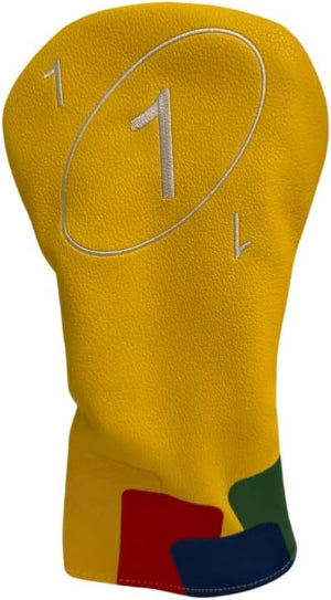 Yellow golf club head cover with number '1' and colorful accents on a white background